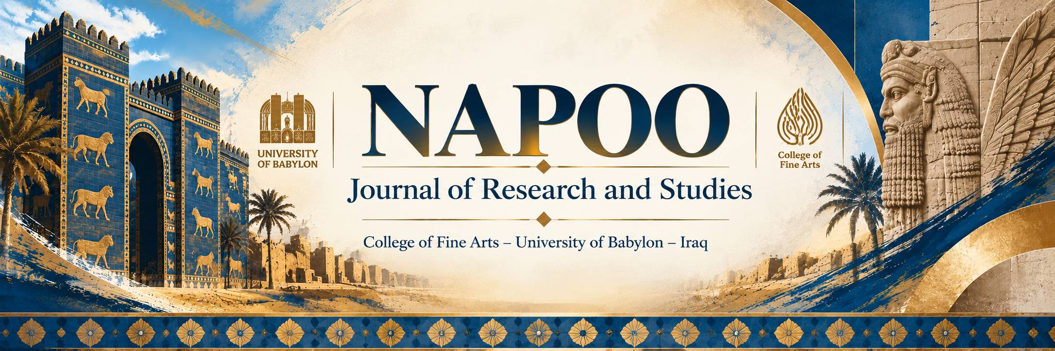 Banner of NAPOO Journal of Research and Studies, College of Fine Arts – University of Babylon – Iraq, featuring a design inspired by Babylonian heritage and fine arts.